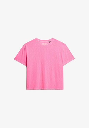 Rosa Baumwoll-T-Shirt, kurze Ärmel, Rundhalsausschnitt, lockere Passform, leichte Melange-Optik, keine sichtbaren Muster oder Akzente.