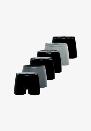 Six paires de boxers en noir et gris. Fabriqués en tissu doux, avec une taille élastique comportant le nom de la marque "FRGN" en blanc.