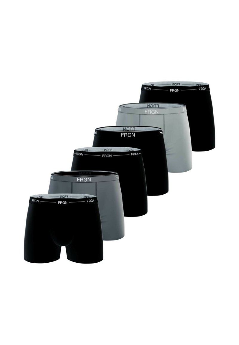 Six paires de boxers en noir et gris. Fabriqués en tissu doux, avec une taille élastique comportant le nom de la marque "FRGN" en blanc.