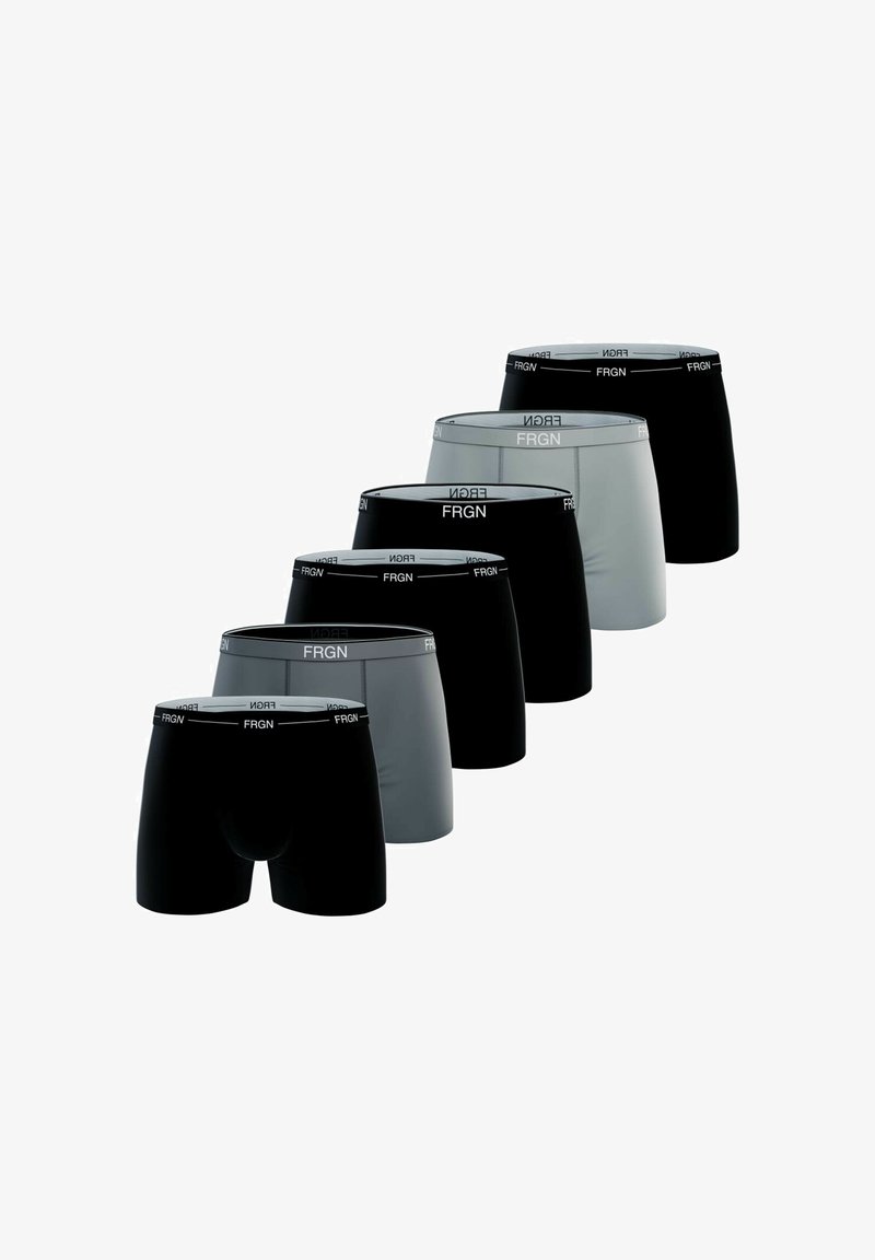 Six paires de boxers en noir et gris. Fabriqués en tissu doux, avec une taille élastique comportant le nom de la marque "FRGN" en blanc.