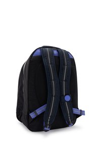 Zaino nero con schiena in rete imbottita e spallacci regolabili. Presenta accenti grigi e blu, forma strutturata e un compartimento con cerniera.