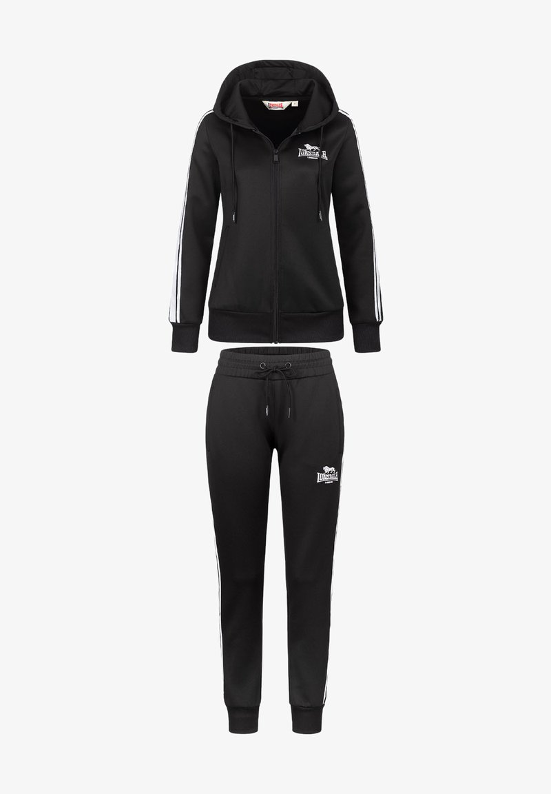 Zwarte trainingspak met een ritssluiting hoodie met witte strepen op de mouwen en bijpassende broek met een elastische tailleband en logo-detail.