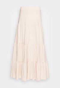 Gonna lunga a balze in crema con cuciture arricciate e vita elastica su uno sfondo chiaro e uniforme.