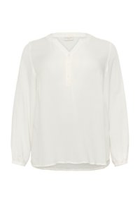 Weiße Bluse mit langen Ärmeln, abgerundetem Kragen, Knopfleiste und strukturiertem Stoff. Elastische Bündchen und lockere Passform. Minimalistisches Design.