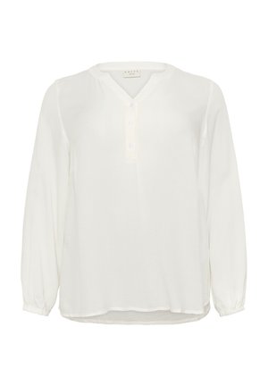 Bluză albă, cu mâneci lungi, guler rotund, deschidere cu nasturi și material texturat. Mansete elastice și croi lejer. Design minimalist.
