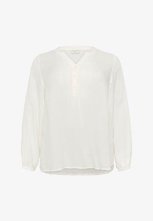 Hvid, langærmet bluse med rund krave, knappelukning og struktureret stof. Elastiske manchetter og en afslappet pasform. Minimalistisk design.