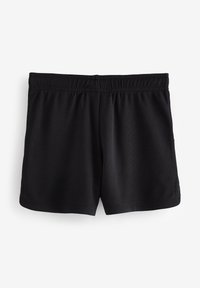 Pantaloncini sportivi neri in tessuto a rete, con vita elasticizzata e vestibilità ampia. Nessun motivo o logo visibile.