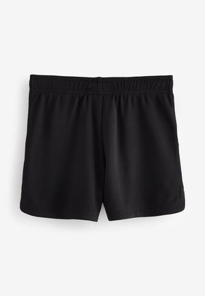 Fekete atlétikai rövidnadrág hálós anyagból, rugalmas derékpánttal és laza szabással. Nincsenek látható minták vagy logók.