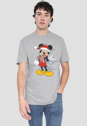 Gray cotton t-shirt featuring a cartoon character with a red hat, striped scarf, and yellow shoes, surrounded by blue holiday lights.