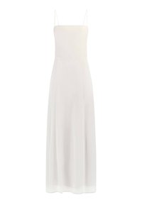 White spaghetti strap maxi dress, smooth fabric, fitted bodice, flowing skirt, no patterns, subtle sheen, floor-length design.