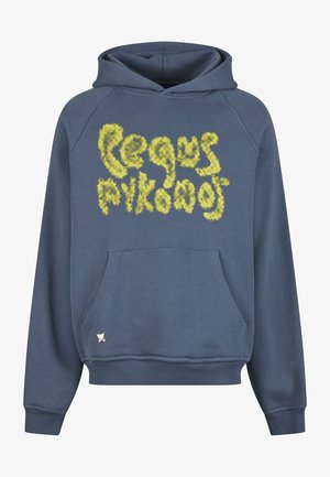 Hooded sweatshirt in dark blue with a fuzzy yellow graphic text design. Features a front pouch pocket and ribbed cuffs and hem.