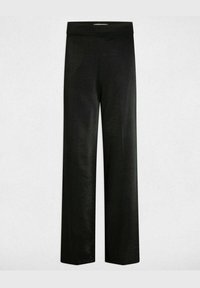 Pantalons larges noirs en tissu léger avec une texture lisse. Dotés d'une taille haute élastique et d'une coupe droite.