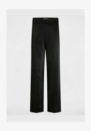 Pantalons larges noirs en tissu léger avec une texture lisse. Dotés d'une taille haute élastique et d'une coupe droite.