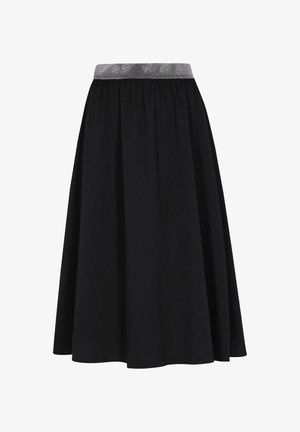 Schwarzer Rock mit ausgestelltem Design, elastischem grauem Bund und strukturiertem Stoff. Midilänge mit glatter Oberfläche.