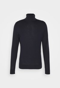 Marinefarbener Rollkragenpullover mit langen Ärmeln, aus weichem Material gefertigt. Verfügt über eine taillierte Silhouette sowie gerippte Bündchen und Saum. Minimale Markenkennzeichnung.