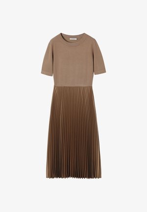 Brown pleated dress with a smooth top, short sleeves, and a crew neckline. Features a defined waist and textured pleats at the skirt.