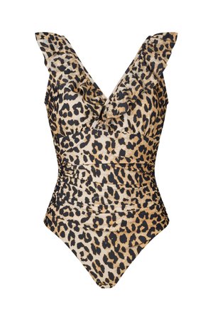 One-piece swimsuit with ruched waist and ruffled V-neckline in brown and black leopard print pattern.