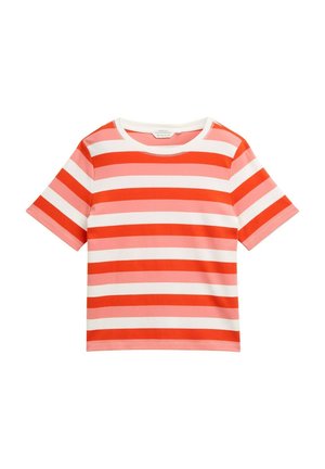 T-shirt rayé avec des bandes horizontales rouges, rose clair et blanches. Manches courtes, col rond, fabriqué en coton doux.
