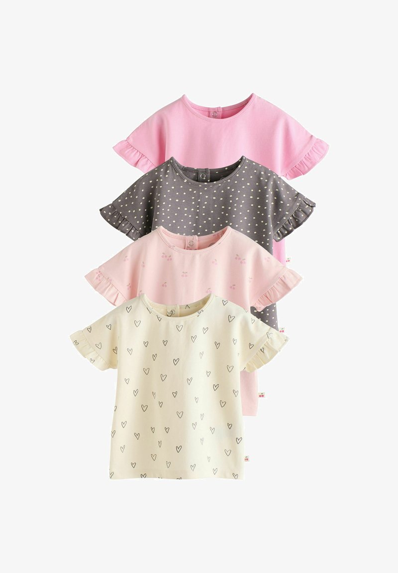 Quatre chemises pour bébé à manches courtes avec des manches à volants en rose, gris à pois blancs, rose clair avec de petites cerises et crème avec de petits cœurs noirs.