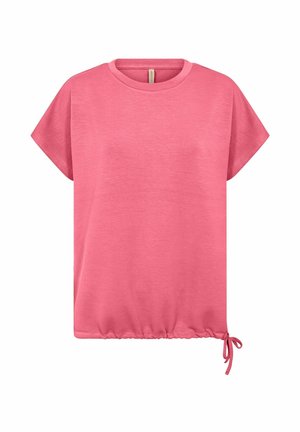 Różowy T-shirt z krótkim rękawem wykonany z miękkiego materiału, z okrągłym dekoltem i marszczonym dołem regulowanym za pomocą bocznych troczków.