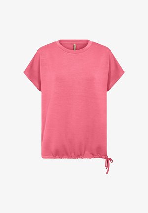 Różowy T-shirt z krótkim rękawem wykonany z miękkiego materiału, z okrągłym dekoltem i marszczonym dołem regulowanym za pomocą bocznych troczków.