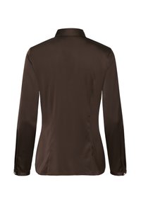 Blouse en satin marron foncé à manches longues avec poignets boutonnés, vue de dos sur fond blanc.