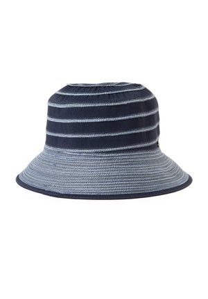 Kapelusz typu bucket w kolorze granatowym i szarym w paski, z przeszywanymi poziomymi paskami i szerokim, lekko rozszerzanym rondem.