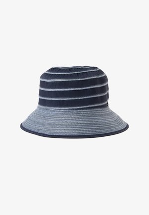 Kapelusz typu bucket w kolorze granatowym i szarym w paski, z przeszywanymi poziomymi paskami i szerokim, lekko rozszerzanym rondem.