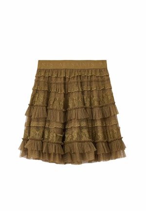 Brauner Minirock aus Spitze mit mehreren Lagen Rüschen und einem schlichten Bund mit dezentem Schriftzug "ALLSAINTS".