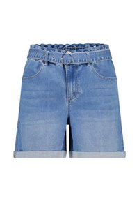 Lichtblauwe denim shorts met een gerimpelde tailleband, een zilveren ringgesp, opgerolde zoomranden en traditionele zakdetails.