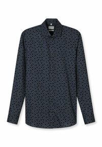 Long-sleeve button-up shirt in dark blue with a floral pattern. Made from lightweight fabric, featuring a classic collar and front buttons.