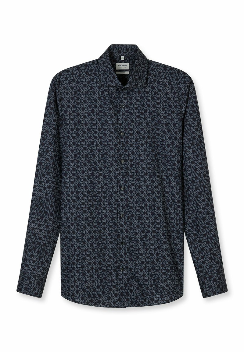 Long-sleeve button-up shirt in dark blue with a floral pattern. Made from lightweight fabric, featuring a classic collar and front buttons.