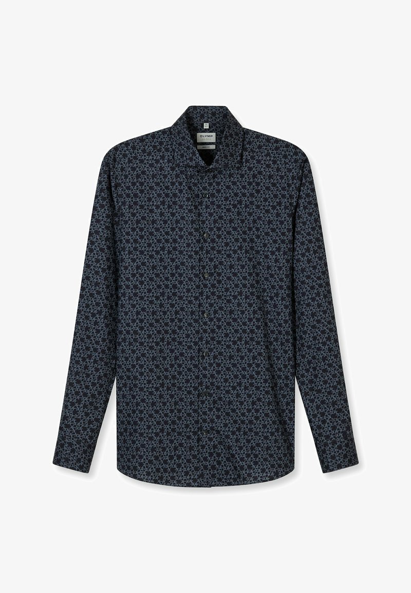 Long-sleeve button-up shirt in dark blue with a floral pattern. Made from lightweight fabric, featuring a classic collar and front buttons.