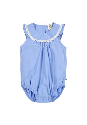 Barboteuse bleue sans manches pour bébé avec col en dentelle blanche à volants et boutons-pression à l'entrejambe pour faciliter le changement de couche.