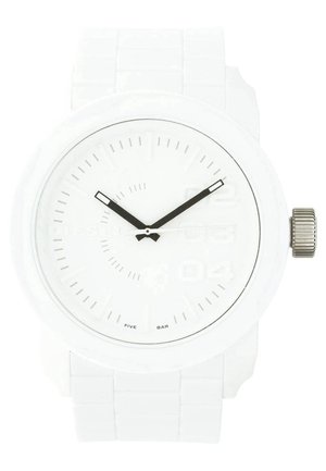 White analog wristwatch with black hour and minute hands showing 10:10, white band, and silver crown on right side.