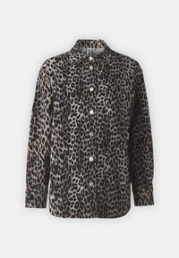 Leopardenmusterhemd mit Knopfleiste, Kentkragen, langen Ärmeln und einer Farbgebung in Schwarz und Beige. Verfügt über zwei aufgesetzte Taschen vorne.