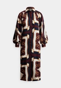 Rochie lungă cu nasturi, dintr-un material neted, cu un model geometric burgundy și crem, având motive ecvestre și mâneci bufante.