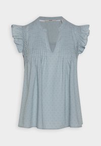Blusa azzurro chiaro a maniche corte con maniche arricciate, scollo a V, pieghe sottili e piccoli dettagli a motivo su tutta la stoffa.