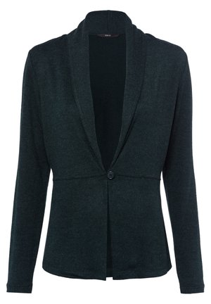 Donkergrijs damesblazer met lange mouwen, sjaalkraag en een enkele knoopsluiting, gemaakt van zachte stof.