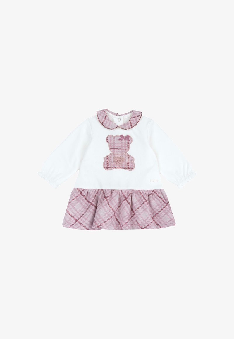 Robe blanche pour bébé à manches longues, col à carreaux roses, jupe et application d'ours en peluche avec un nœud et un cœur sur la poitrine.