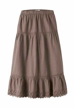 Jupe mauve longueur genou avec taille élastique, design à étages, bordure en dentelle et broderie florale ajourée le long de l’ourlet.