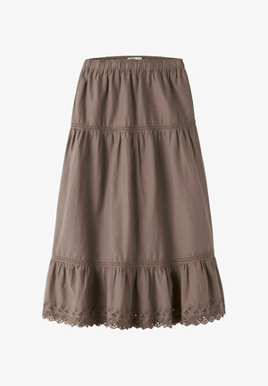 Jupe mauve longueur genou avec taille élastique, design à étages, bordure en dentelle et broderie florale ajourée le long de l’ourlet.