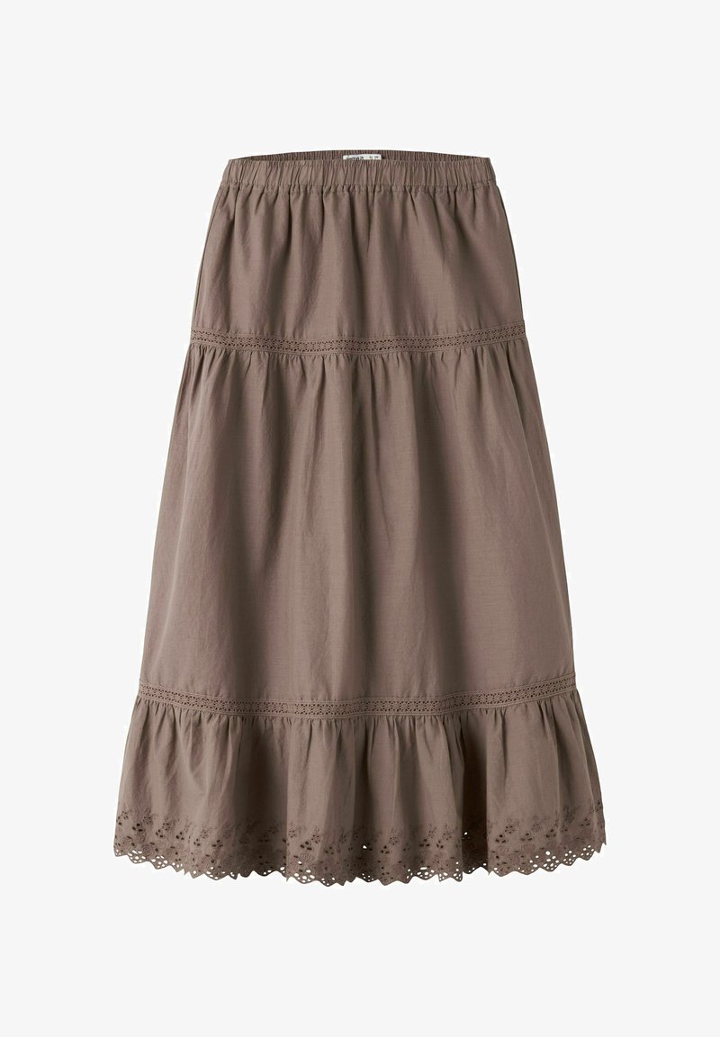 Φούστα μήκους μέχρι το γόνατο σε μοβ απόχρωση με ελαστική μέση, στρωματοποιημένο σχέδιο, δαντελένιο τελείωμα και κεντήματα με λουλούδια κατά μήκος του τελειώματος.