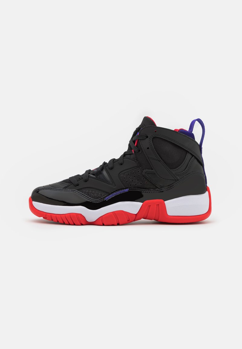 Black high-top sneakers with red outsole, white midsole, and purple accents. Features a shiny patent leather finish and breathable mesh panels.