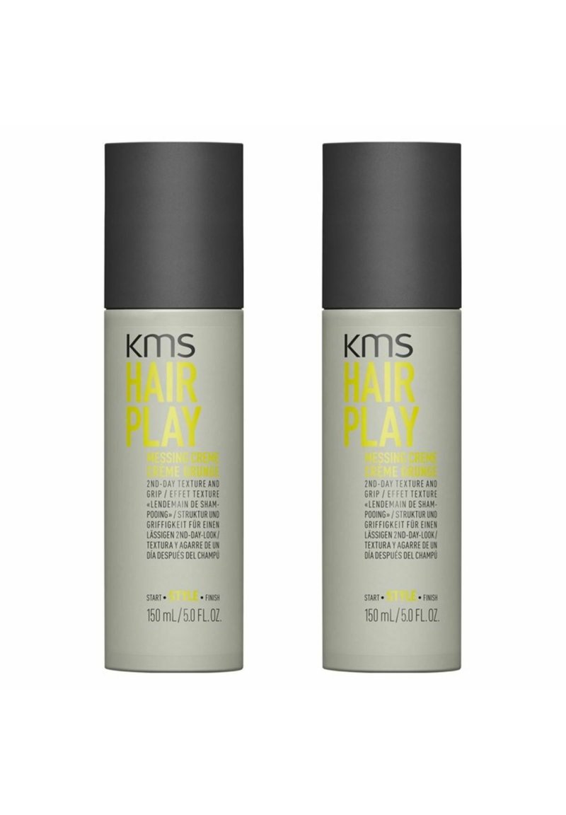 KMS Hair Play Messing Creme in gray and yellow packaging, featuring a matte black cap, 150 mL size labeled in multiple languages.
