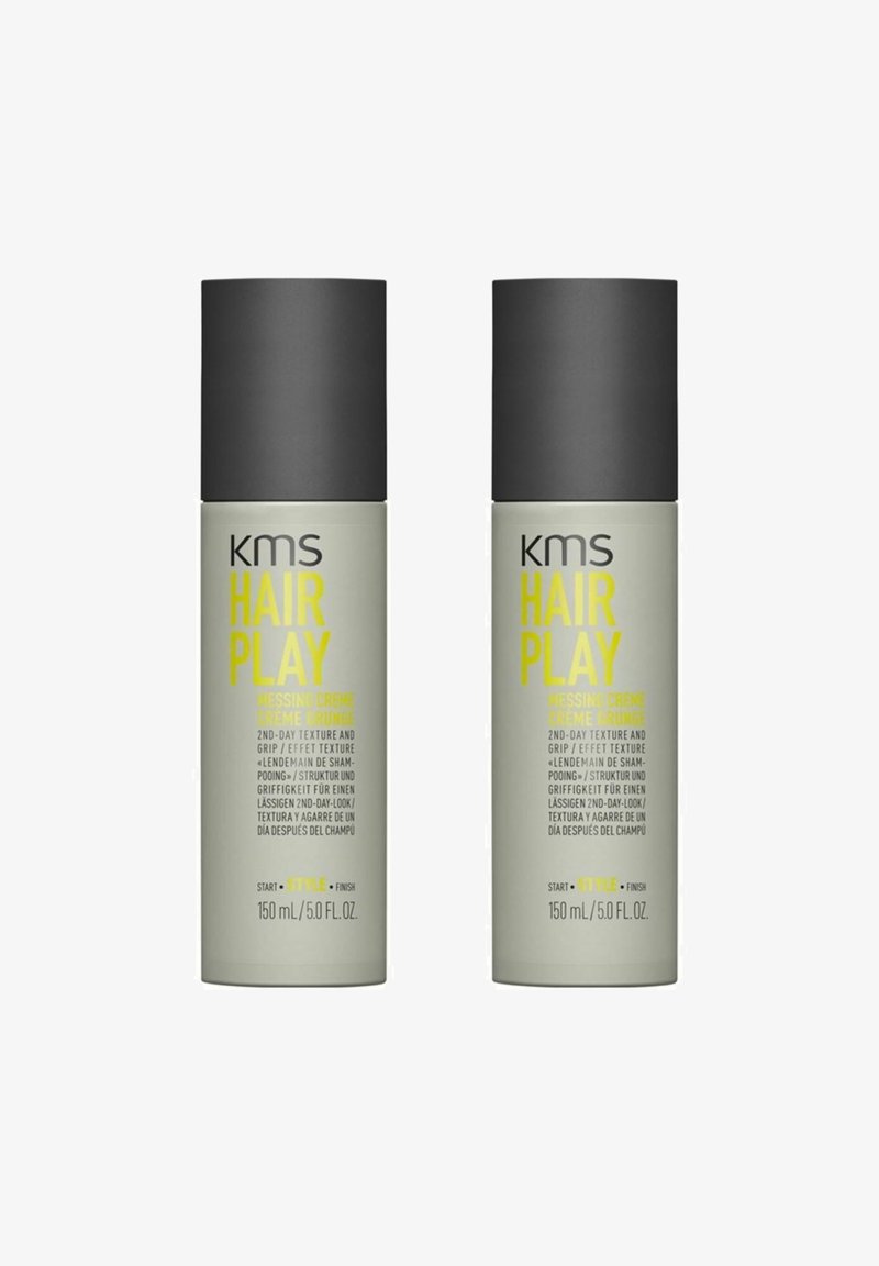 KMS Hair Play Messing Creme in gray and yellow packaging, featuring a matte black cap, 150 mL size labeled in multiple languages.