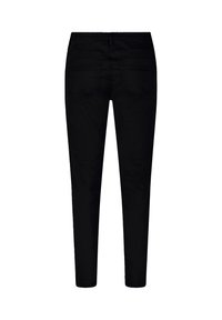 Svarta slim-fit jeans med bakfickor, tillverkade av denimtyg. Designen har en slät yta och en ren, minimalistisk stil.