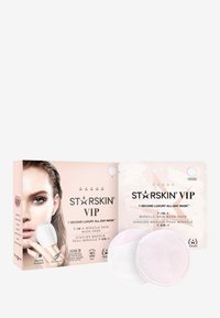 Starskin VIP masques en tissu 7-en-1. Des disques circulaires blancs et roses dans une boîte mettant en avant un modèle, avec une texture douce et un design élégant.