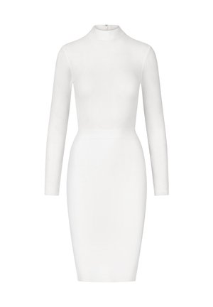 Strak aansluitende witte midi-jurk met lange mouwen, hoge hals en een gladde textuur. Naadloos ontwerp, kniehoogte zonder zichtbare sluitingen.