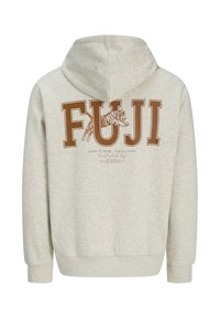 Light gray sweatshirt with a hood, featuring a large "FUJI" print and a tiger graphic on the back. Soft fabric and ribbed cuffs.